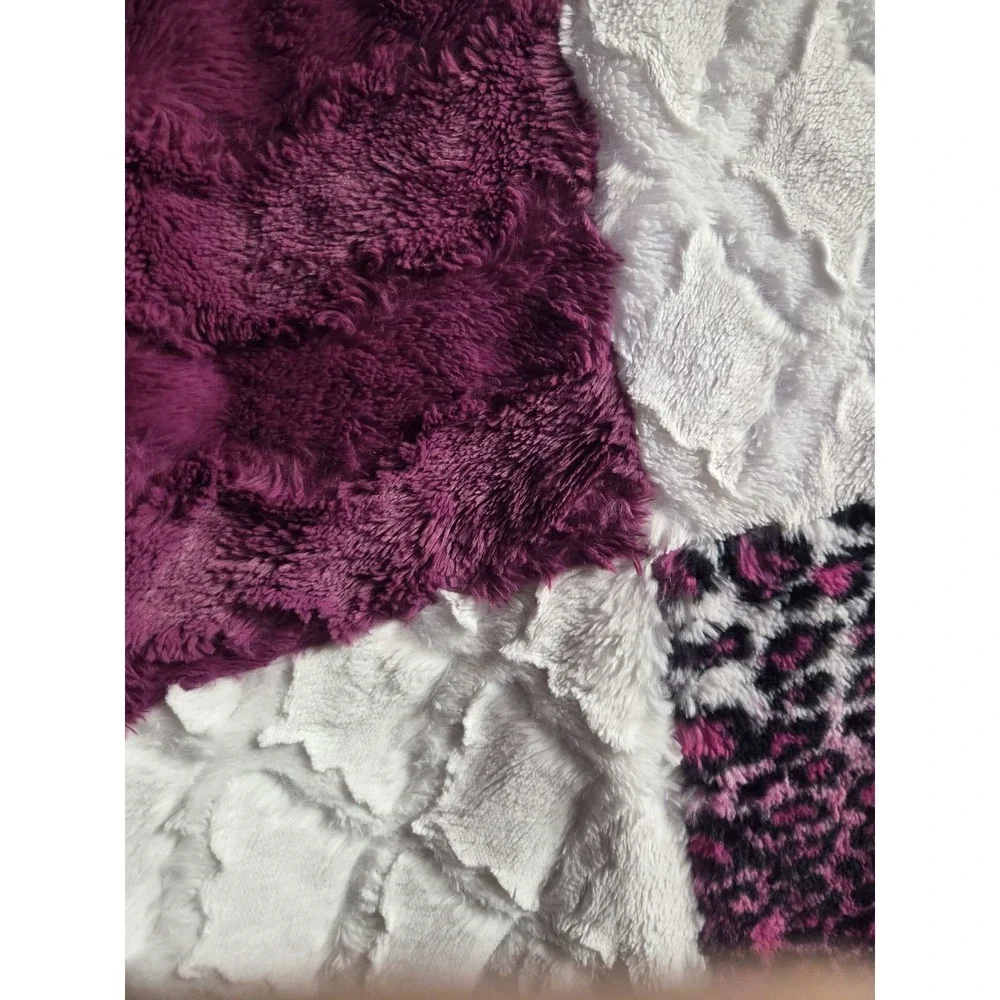 Minky Mama Patchwork Minky Blanket 46x57 Purple White Leopard Plush Throw Soft